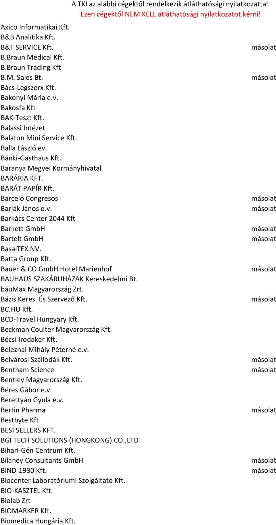 Batta Group Kft. Bauer & CO GmbH Hotel Marienhof BAUHAUS SZAKÁRUHÁZAK Kereskedelmi Bt. baumax Magyarország Zrt. Bázis Keres. És Szervező Kft. BC.HU Kft. BCD-Travel Hungyary Kft.