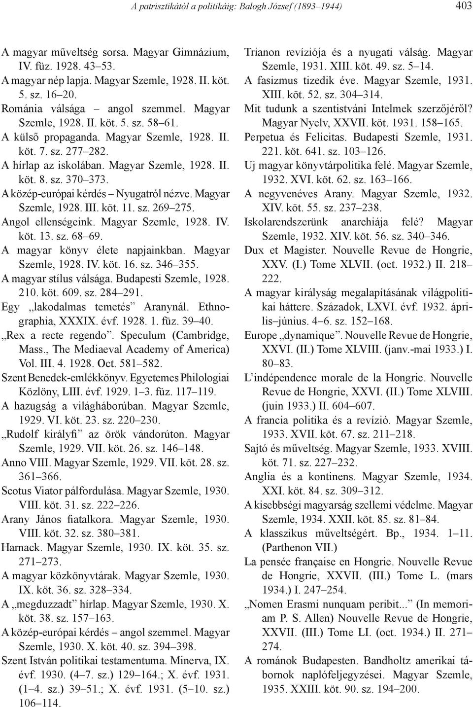 A közép-európai kérdés Nyugatról nézve. Magyar Szemle, 1928. III. köt. 11. sz. 269 275. Angol ellenségeink. Magyar Szemle, 1928. IV. köt. 13. sz. 68 69. A magyar könyv élete napjainkban.