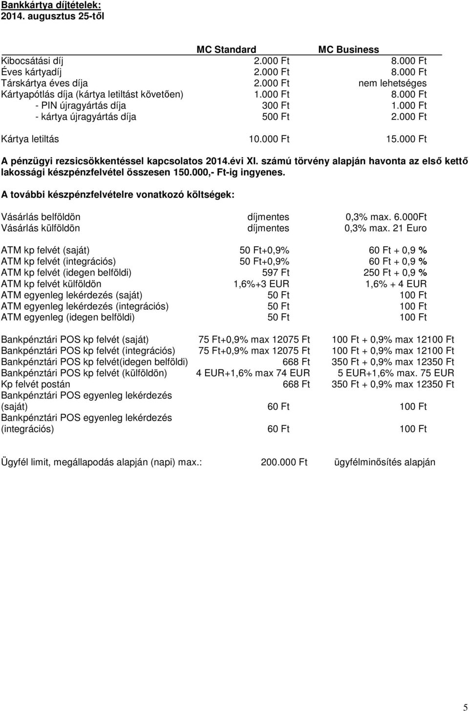 000 Ft A pénzügyi rezsicsökkentéssel kapcsolatos 2014.évi XI. számú törvény alapján havonta az elsı kettı lakossági készpénzfelvétel összesen 150.000,- Ft-ig ingyenes.