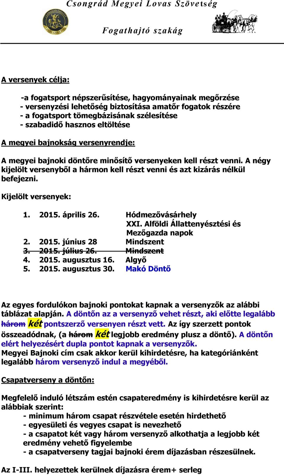 Kijelölt versenyek: 1. 2015. április 26. Hódmezővásárhely XXI. Alföldi Állattenyésztési és Mezőgazda napok 2. 2015. június 28 Mindszent 3. 2015. július 26. Mindszent 4. 2015. augusztus 16. Algyő 5.