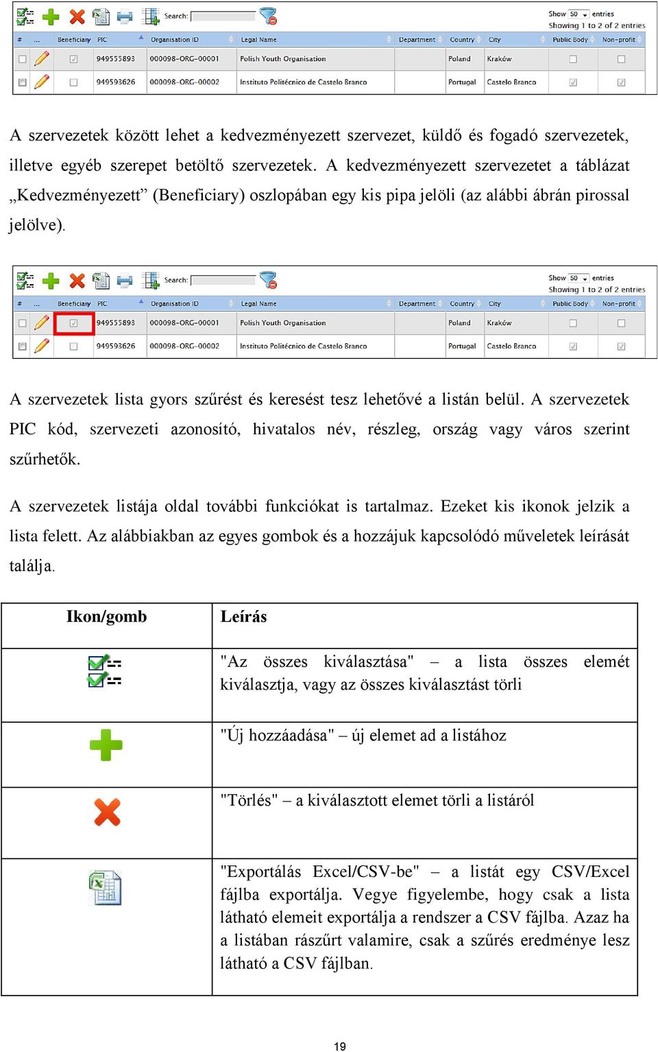 A szervezetek lista gyors szűrést és keresést tesz lehetővé a listán belül. A szervezetek PIC kód, szervezeti azonosító, hivatalos név, részleg, ország vagy város szerint szűrhetők.