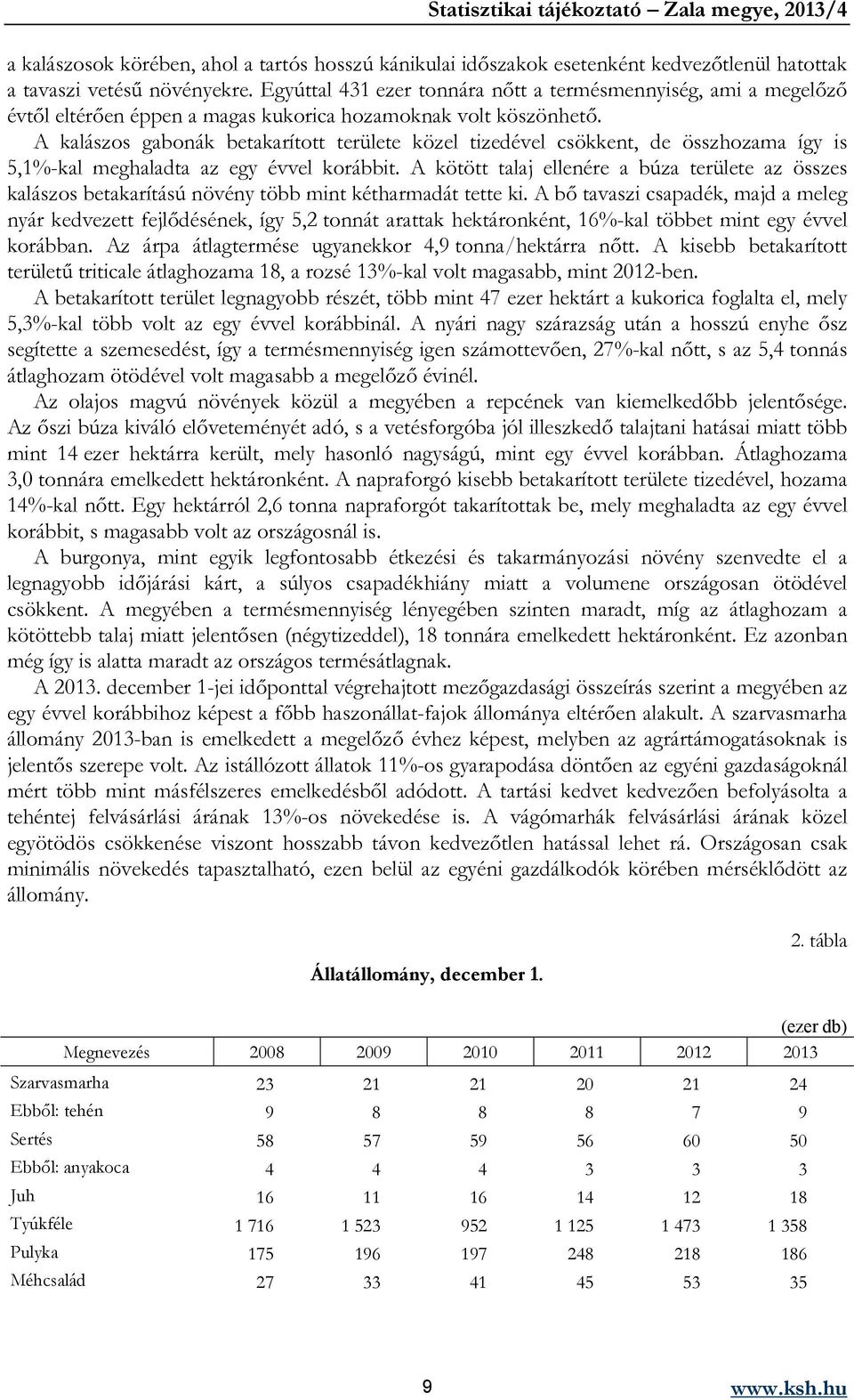 A kalászos gabonák betakarított területe közel tizedével csökkent, de összhozama így is 5,1%-kal meghaladta az egy évvel korábbit.