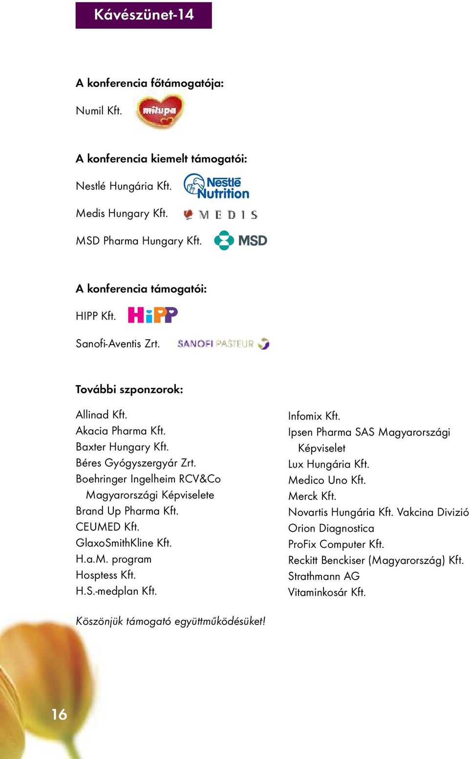 Boehringer Ingelheim RCV&Co Magyarországi Képviselete Brand Up Pharma Kft. CEUMED Kft. GlaxoSmithKline Kft. H.a.M. program Hosptess Kft. H.S.-medplan Kft. Infomix Kft.