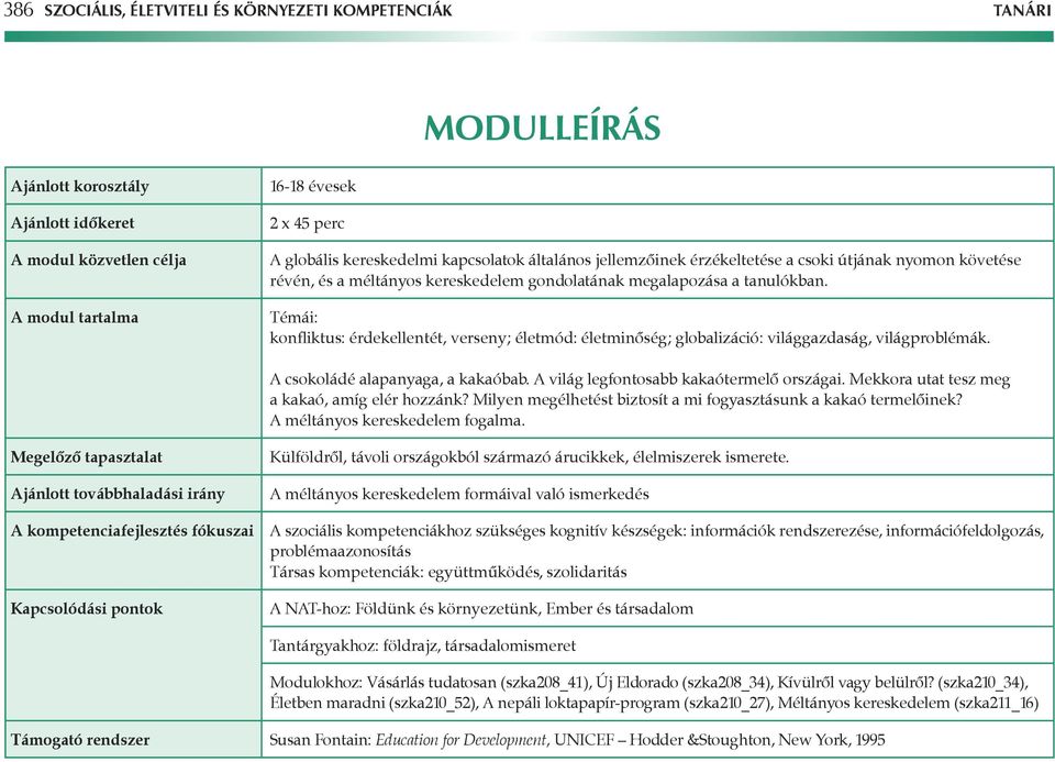 Témái: konfliktus: érdekellentét, verseny; életmód: életminôség; globalizáció: világgazdaság, világproblémák. csokoládé alapanyaga, a kakaóbab. világ legfontosabb kakaótermelô országai.