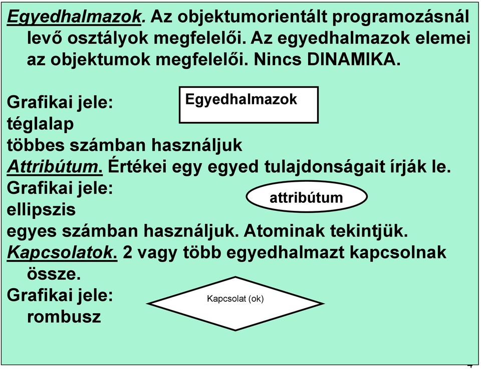 Grafikai jele: téglalap többes számban használjuk Attribútum. Értékei egy egyed tulajdonságait írják le.