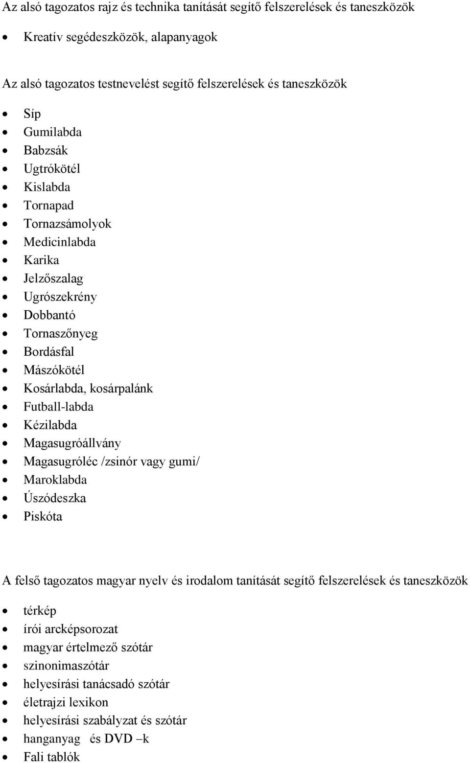 Futball-labda Kézilabda Magasugróállvány Magasugróléc /zsinór vagy gumi/ Maroklabda Úszódeszka Piskóta A felső tagozatos magyar nyelv és irodalom tanítását segítő felszerelések és