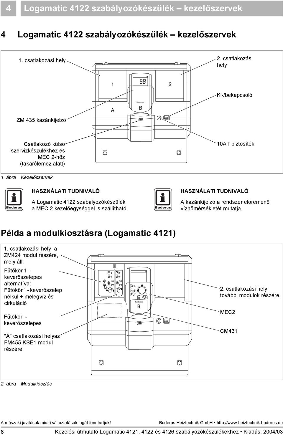 ábra Kezelőszervek A Logamatic 4122 szabályozókészülék a MEC 2 kezelőegységgel is szállítható. A kazánkijelző a rendszer előremenő vízhőmérsékletét mutatja.