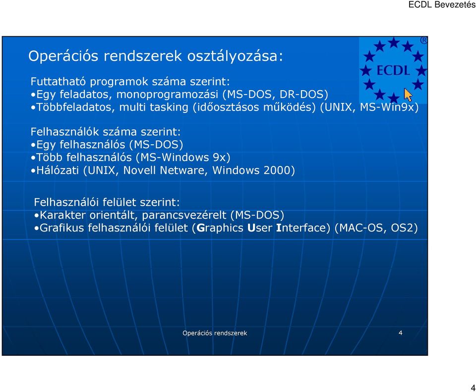 (MS-DOS) Több felhasználós (MS-Windows 9x) Hálózati (UNIX, Novell Netware, Windows 2000) Felhasználói felület szerint: