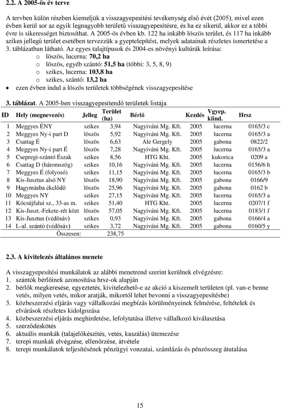 122 ha inkább löszös terület, és 117 ha inkább szikes jellegű terület esetében tervezzük a gyeptelepítést, melyek adatainak részletes ismertetése a 3. táblázatban látható.