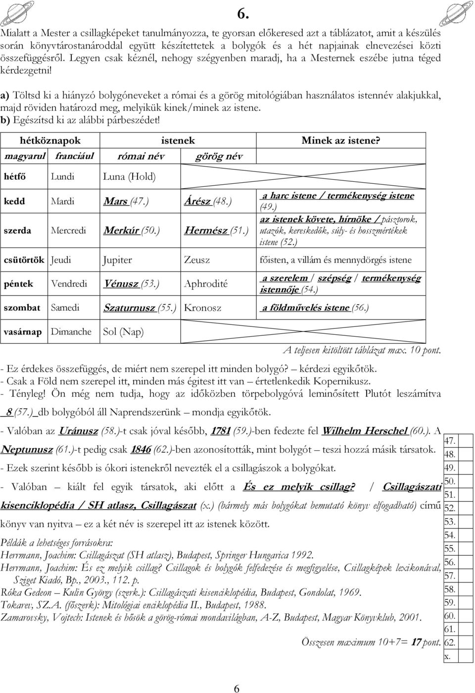 a) Töltsd ki a hiányzó bolygóneveket a római és a görög mitológiában használatos istennév alakjukkal, majd röviden határozd meg, melyikük kinek/minek az istene. b) Egészítsd ki az alábbi párbeszédet!