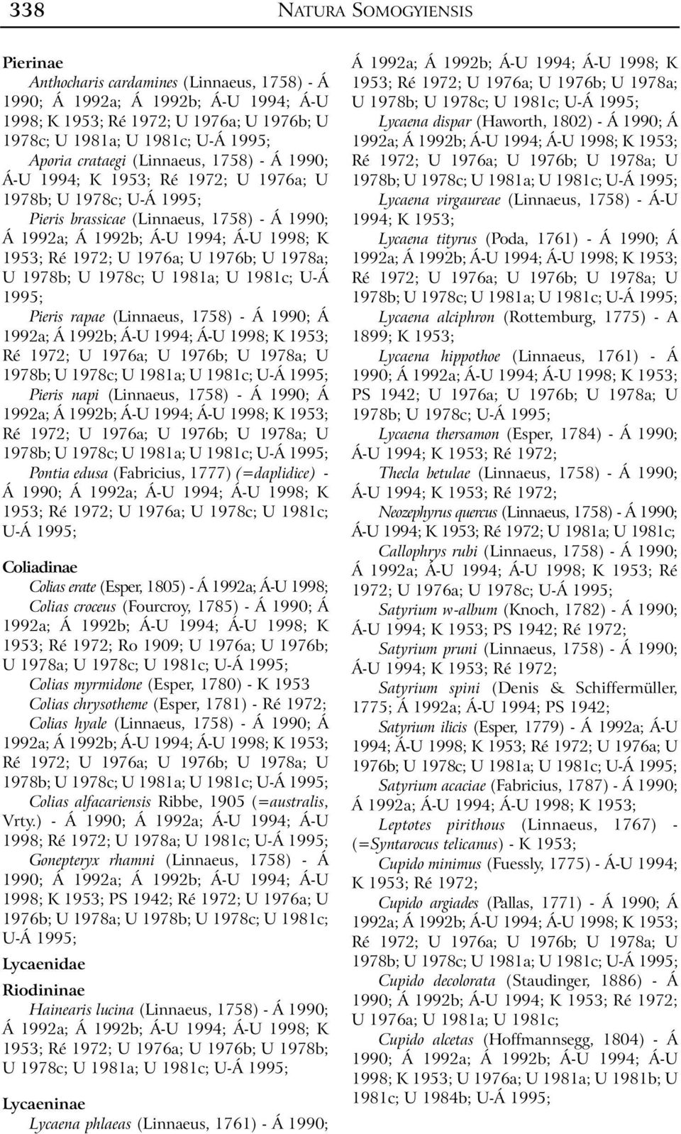 1758) - Á 1990; Á 1953; Ré 1972; U 1976a; U 1976b; U 1978a; U 1978b; U 1978c; U 1981a; U 1981c; Pieris napi (Linnaeus, 1758) - Á 1990; Á 1953; Ré 1972; U 1976a; U 1976b; U 1978a; U 1978b; U 1978c; U