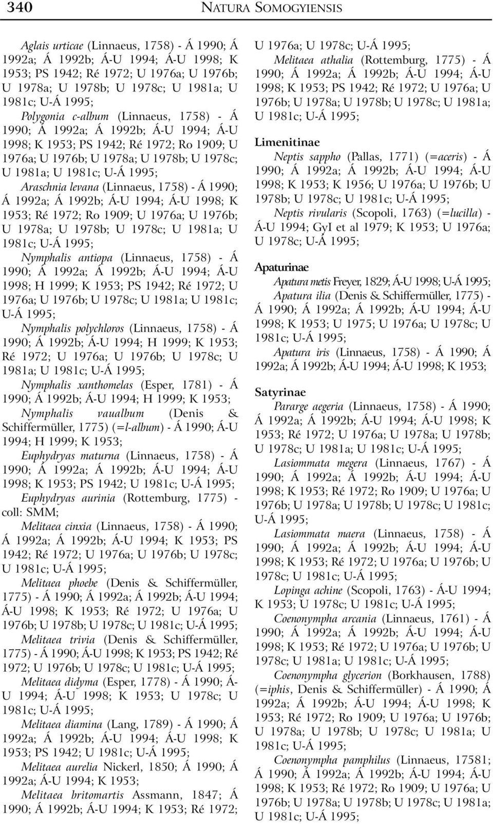 antiopa (Linnaeus, 1758) - Á 1998; H 1999; K 1953; PS 1942; Ré 1972; U 1976a; U 1976b; U 1978c; U 1981a; U 1981c; Nymphalis polychloros (Linnaeus, 1758) - Á 1990; Á 1992b; Á-U 1994; H 1999; K 1953;