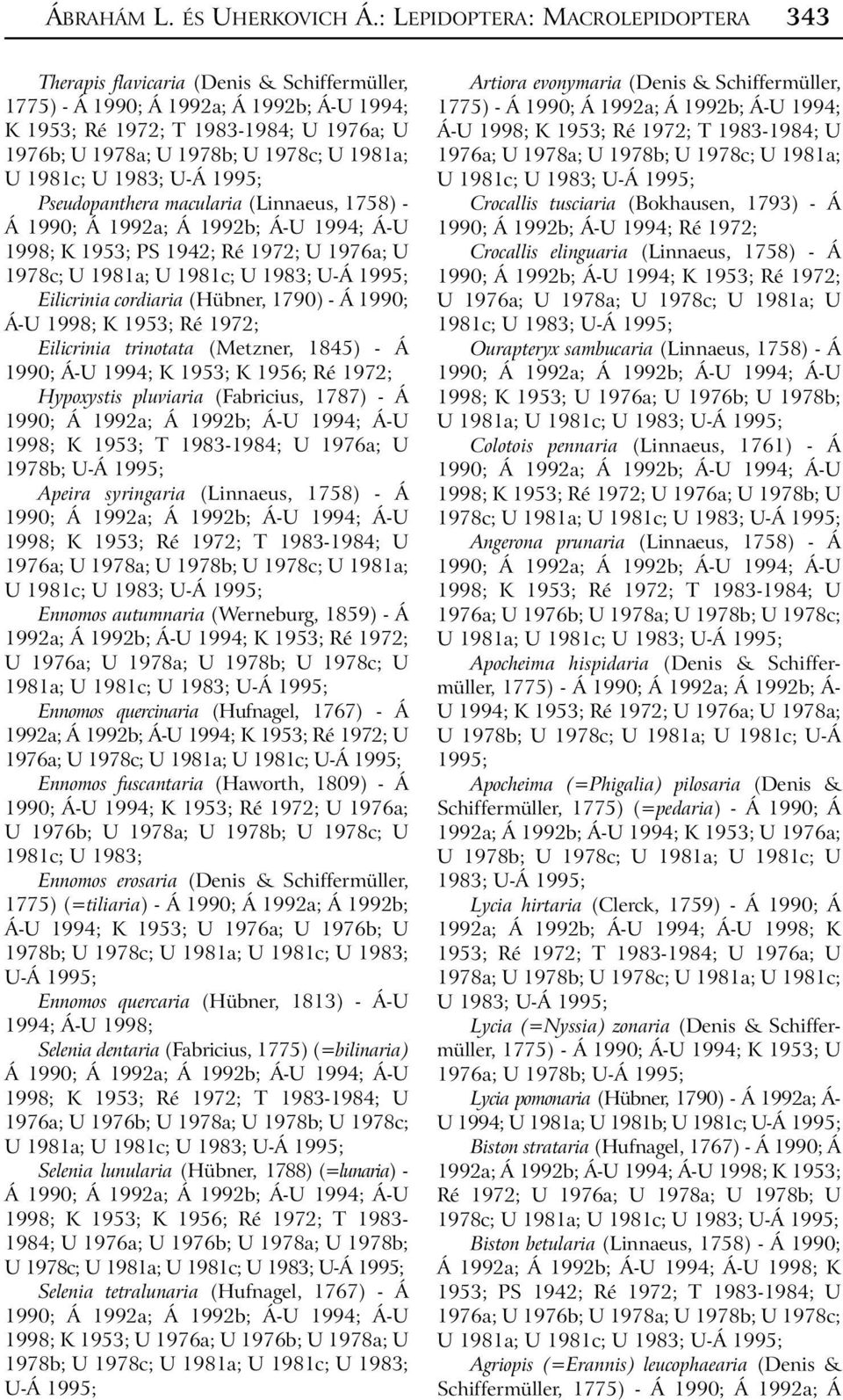 1981a; U 1981c; U 1983; Eilicrinia cordiaria (Hübner, 1790) - Á 1990; Á-U 1998; K 1953; Ré 1972; Eilicrinia trinotata (Metzner, 1845) - Á 1990; Á-U 1994; K 1953; K 1956; Ré 1972; Hypoxystis pluviaria