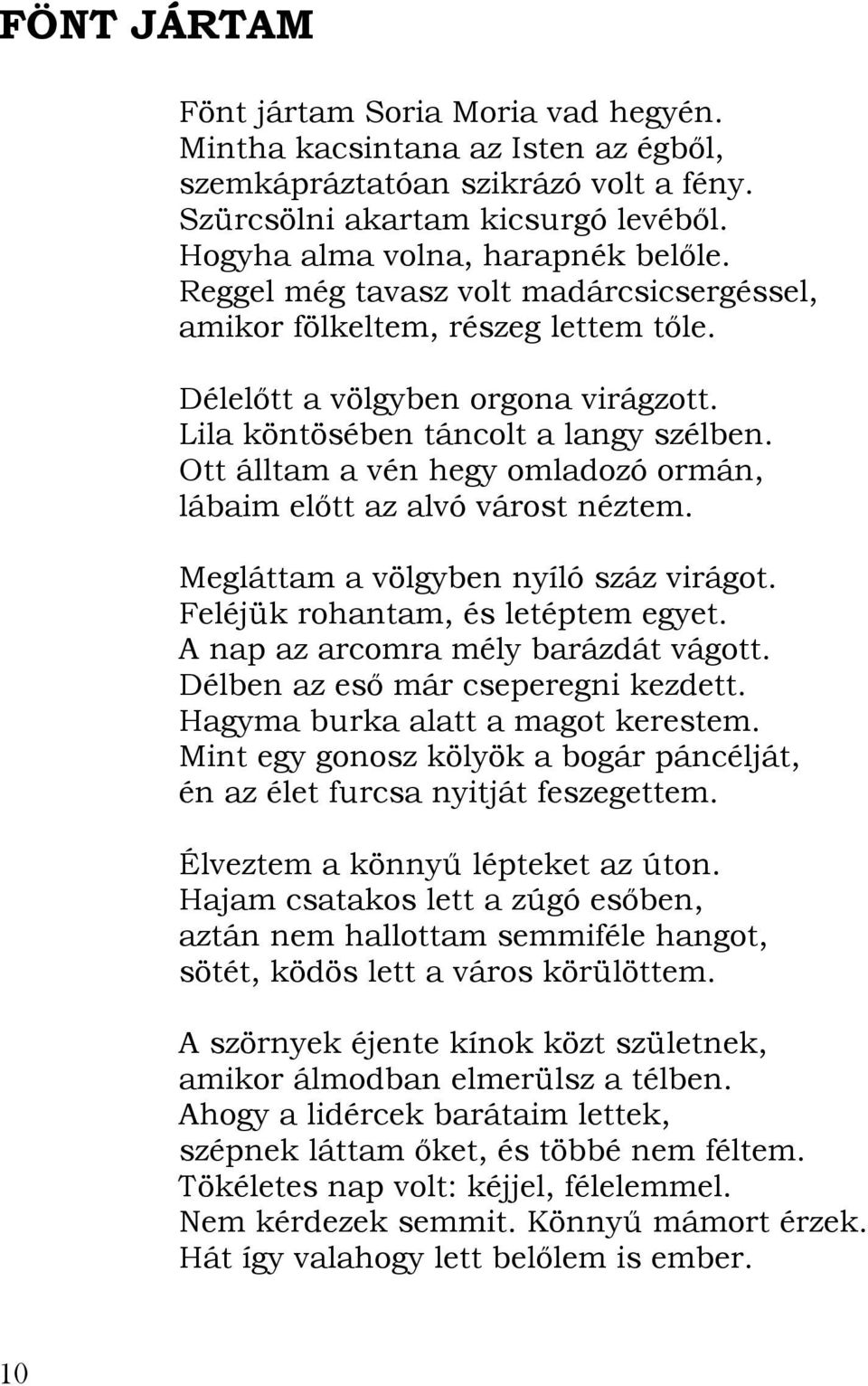 Ott álltam a vén hegy omladozó ormán, lábaim előtt az alvó várost néztem. Megláttam a völgyben nyíló száz virágot. Feléjük rohantam, és letéptem egyet. A nap az arcomra mély barázdát vágott.