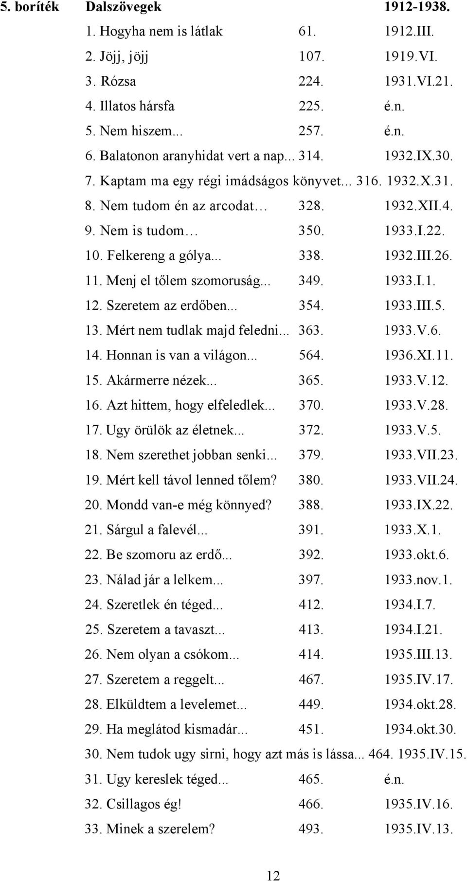 11. Menj el tőlem szomoruság... 349. 1933.I.1. 12. Szeretem az erdőben... 354. 1933.III.5. 13. Mért nem tudlak majd feledni... 363. 1933.V.6. 14. Honnan is van a világon... 564. 1936.XI.11. 15.