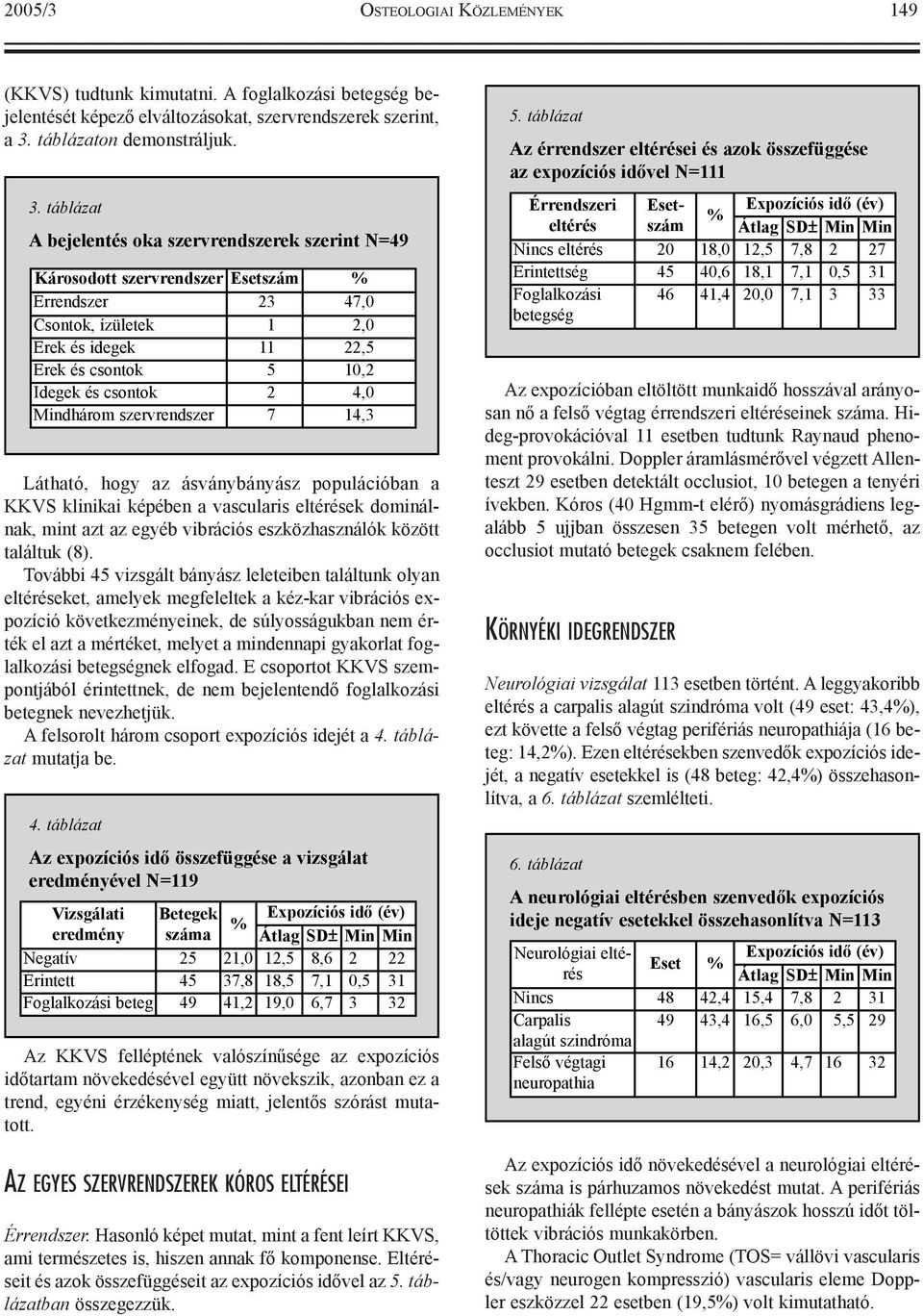 táblázat A bejelentés oka szervrendszerek szerint N=49 Károsodott szervrendszer Esetszám % Érrendszer,23 47,0 Csontok, ízületek,01 02,0 Erek és idegek,11 22,5 Erek és csontok,05 10,2 Idegek és