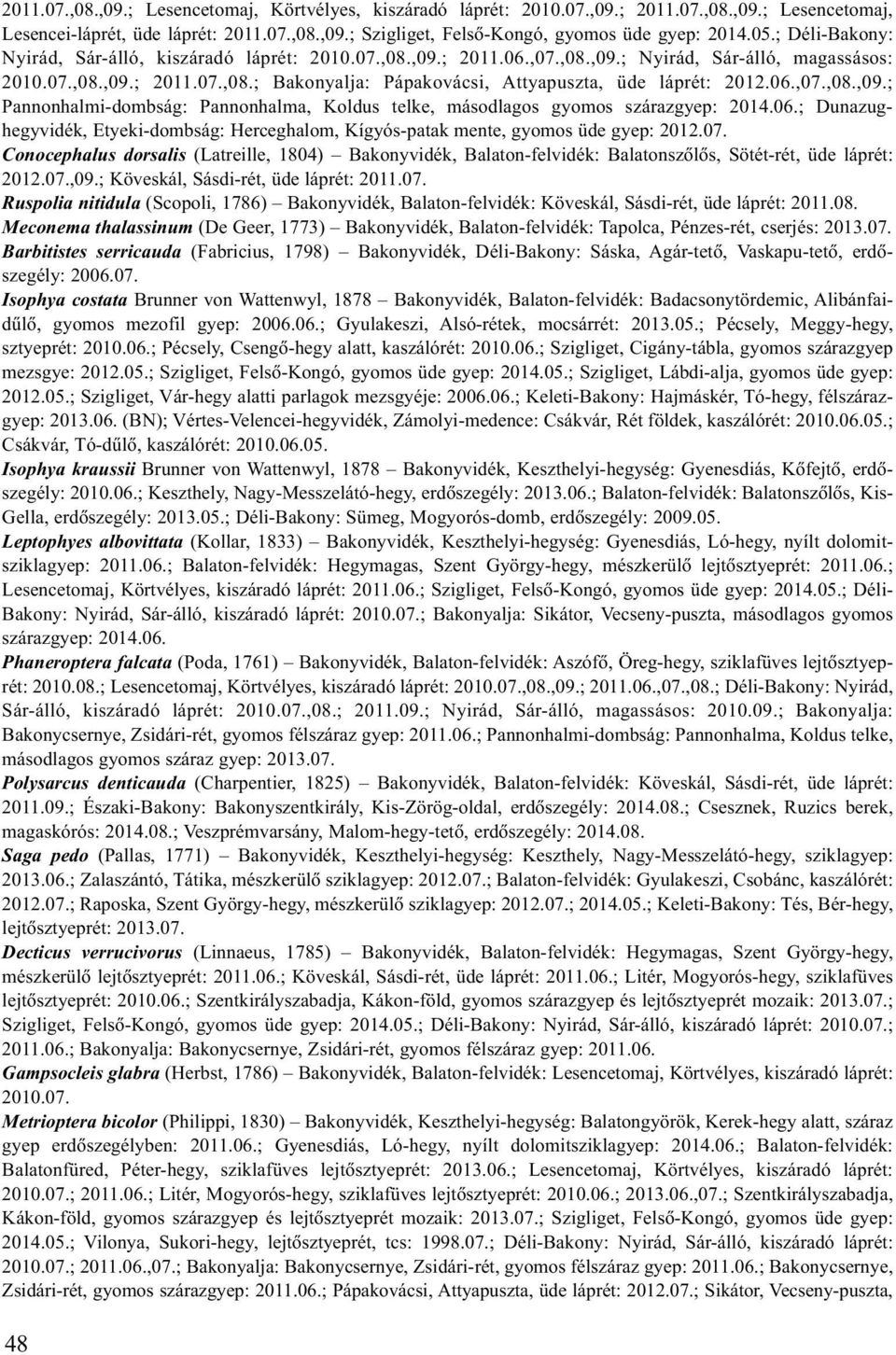 06.,07.,08.,09.; Pannonhalmi-dombság: Pannonhalma, Koldus telke, másodlagos gyomos szárazgyep: 2014.06.; Dunazughegyvidék, Etyeki-dombság: Herceghalom, Kígyós-patak mente, gyomos üde gyep: 2012.07. Conocephalus dorsalis (Latreille, 1804) Bakonyvidék, Balaton-felvidék: Balatonszõlõs, Sötét-rét, üde láprét: 2012.