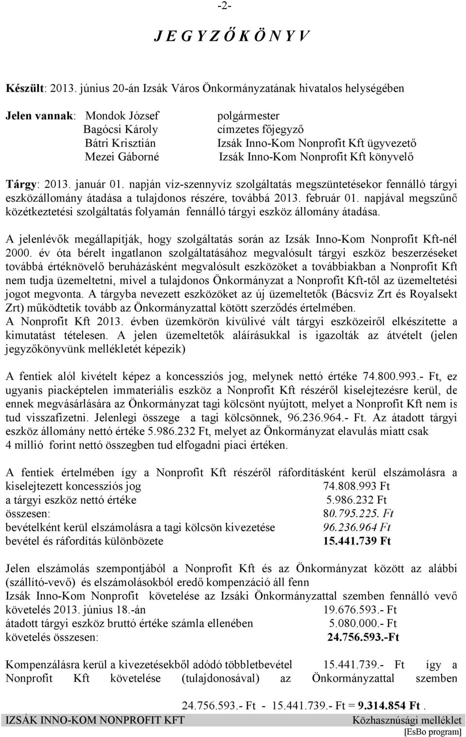 ügyvezető Izsák Inno-Kom Nonprofit Kft könyvelő Tárgy: 213. január 1. napján víz-szennyvíz szolgáltatás megszüntetésekor fennálló tárgyi eszközállomány átadása a tulajdonos részére, továbbá 213.