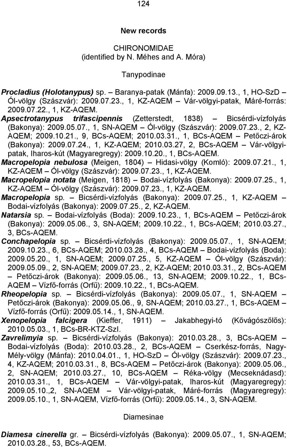 07.23., 2, KZ- AQEM; 2009.10.21., 9, BCs-AQEM; 2010.03.31., 1, BCs-AQEM Petőczi-árok (Bakonya): 2009.07.24., 1, KZ-AQEM; 2010.03.27, 2, BCs-AQEM Vár-völgyipatak, Iharos-kút (Magyaregregy): 2009.10.20., 1, BCs-AQEM. Macropelopia nebulosa (Meigen, 1804) Hidasi-völgy (Komló): 2009.