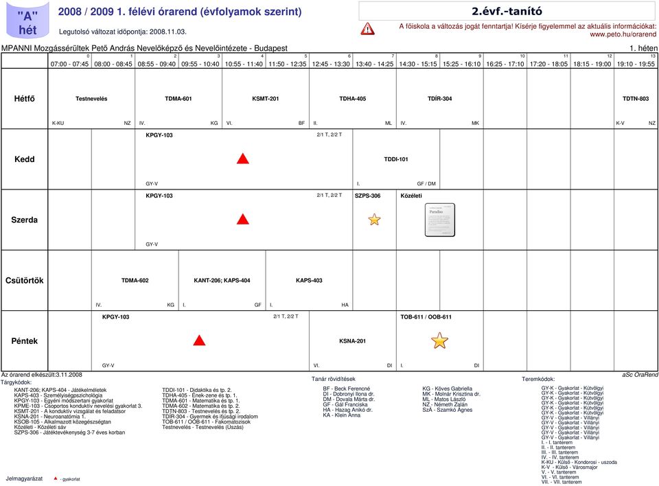 GF HA KPGY- / T, / T TOB- / OOB- KSNA- V Az órarend elkészült:.
