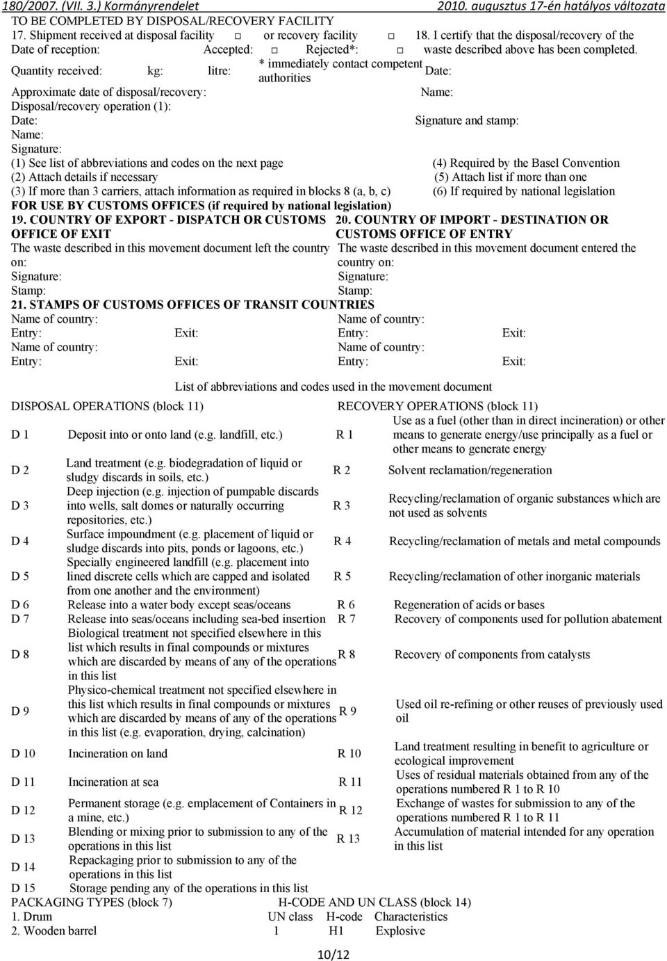 Quantity received: kg: litre: * immediately contact competent Date: authorities Approximate date of disposal/recovery: Disposal/recovery operation (1): Date: Signature and stamp: Signature: (1) See