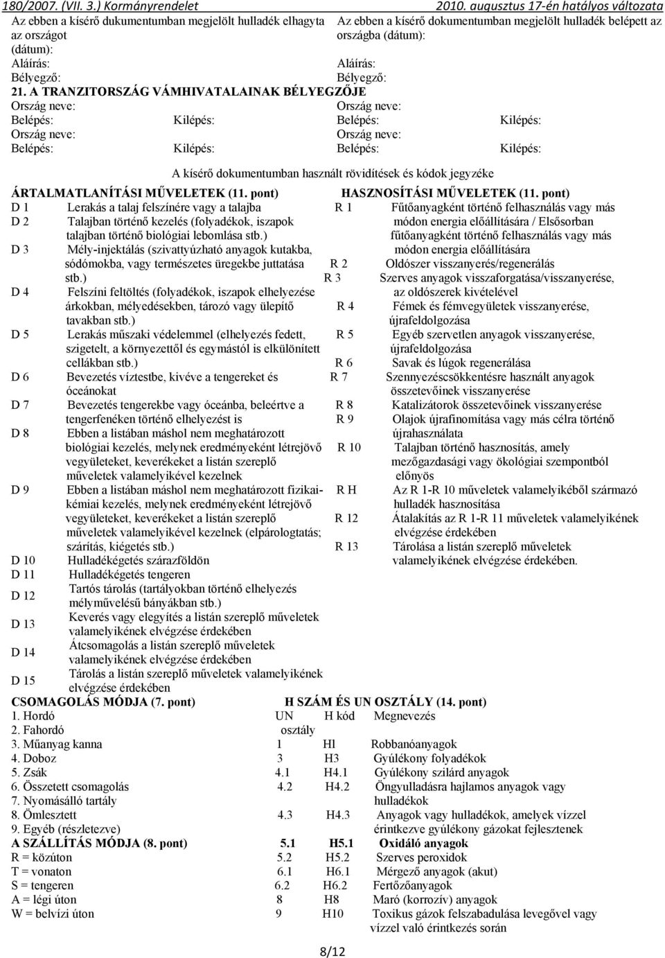 használt rövidítések és kódok jegyzéke ÁRTALMATLANÍTÁSI MŰVELETEK (11. pont) HASZNOSÍTÁSI MŰVELETEK (11.