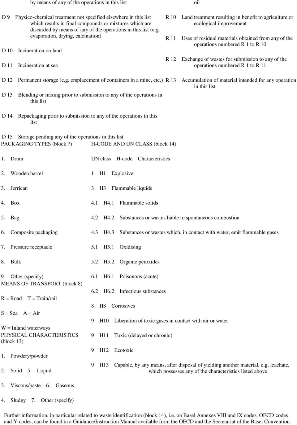 ) D 13 Blending or mixing prior to submission to any of the operations in this list oil R 10 Land treatment resulting in benefit to agriculture or ecological improvement R 11 Uses of residual