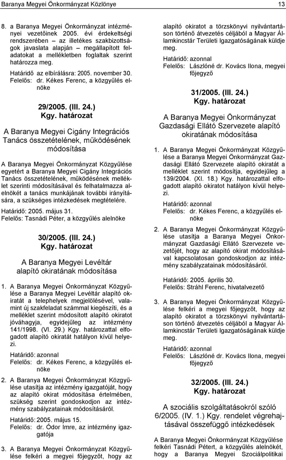 Felelős: dr. Kékes Ferenc, a közgyűlés elnöke 29/2005. (III. 24.) Kgy.