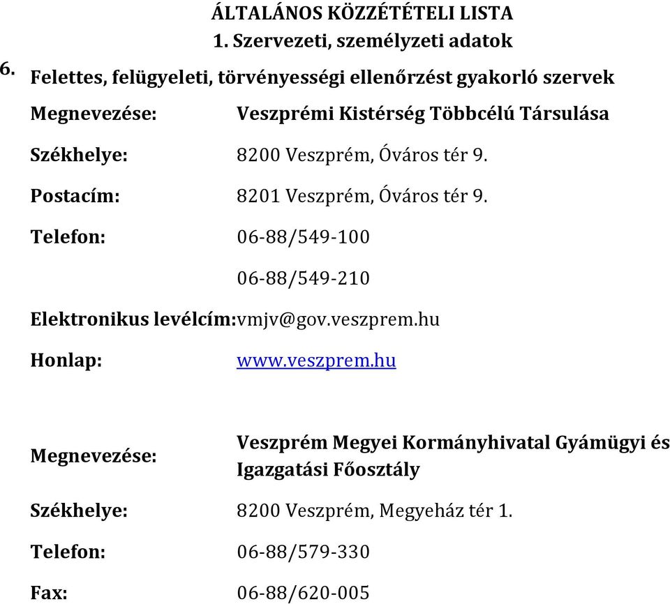 Telefon: 06-88/549-100 06-88/549-210 Elektronikus levélcím: vmjv@gov.veszprem.