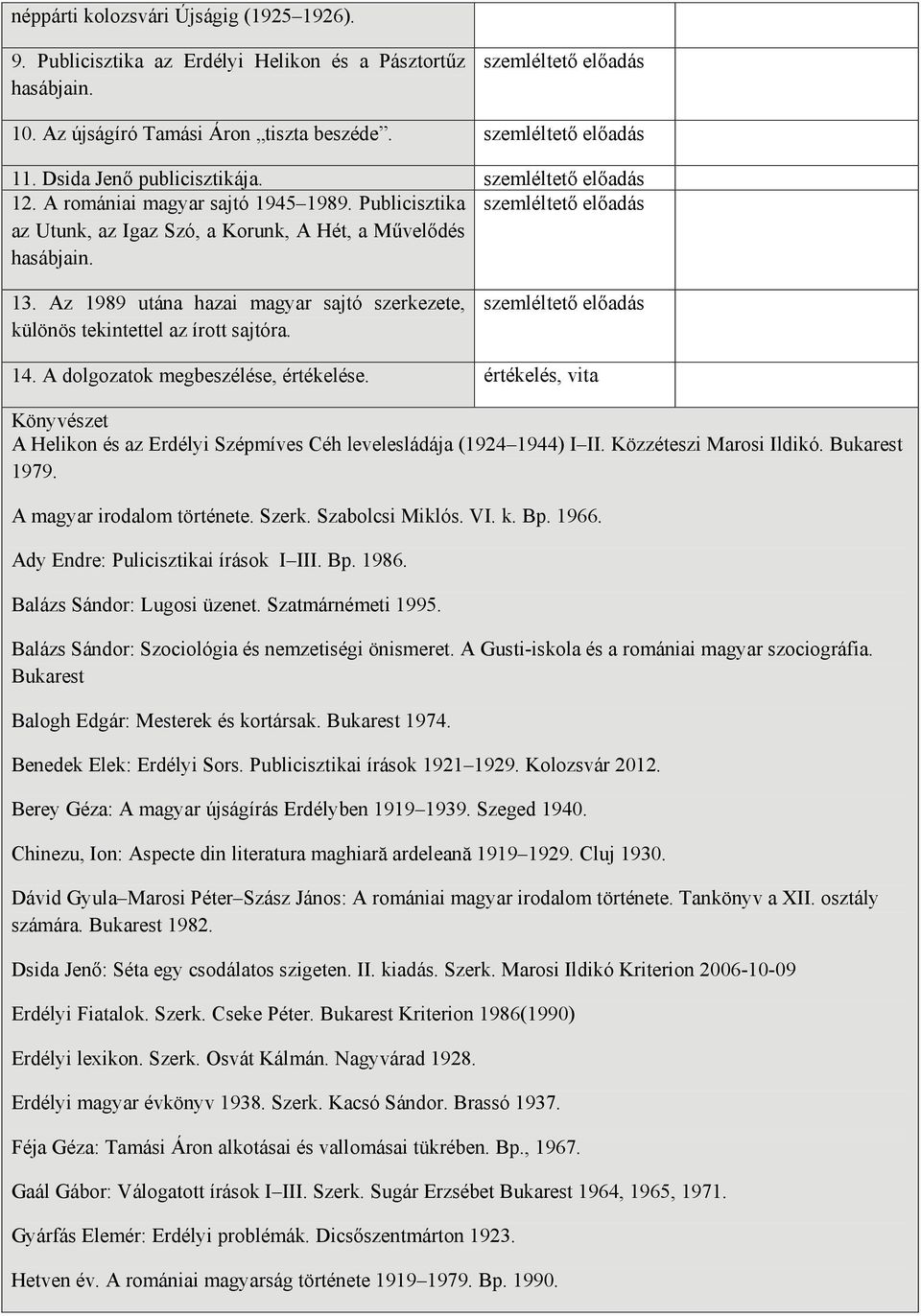 14. A dolgozatok megbeszélése, értékelése. értékelés, Könyvészet A Helikon és az Erdélyi Szépmíves Céh levelesládája (1924 1944) I II. Közzéteszi Marosi Ildikó. Bukarest 1979.