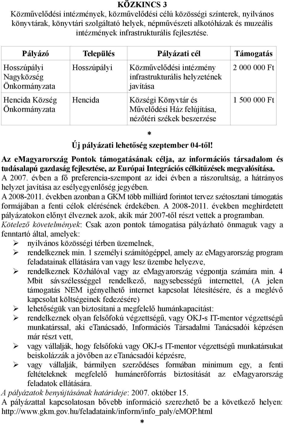 Pályázó Település Pályázati cél Támogatás Hosszúpályi Nagyközség Önkormányzata Hencida Község Önkormányzata Hosszúpályi Hencida Közművelődési intézmény infrastrukturális helyzetének javítása Községi