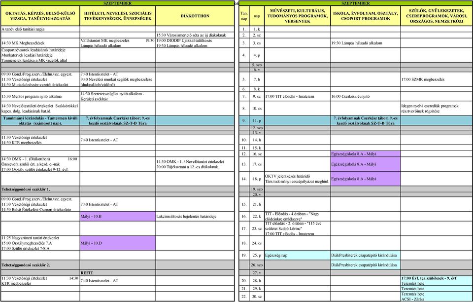 értekezlet Szakkörökkel kapcs. dolg. leadásának hat.id. Tanulmányi kirándulás - Tantermen kívüli oktatás (számozott ). 14:30 KTR megbeszélés 14:30 OMK - 1. (Diákotthon) 16:00 Összevont szülői ért.