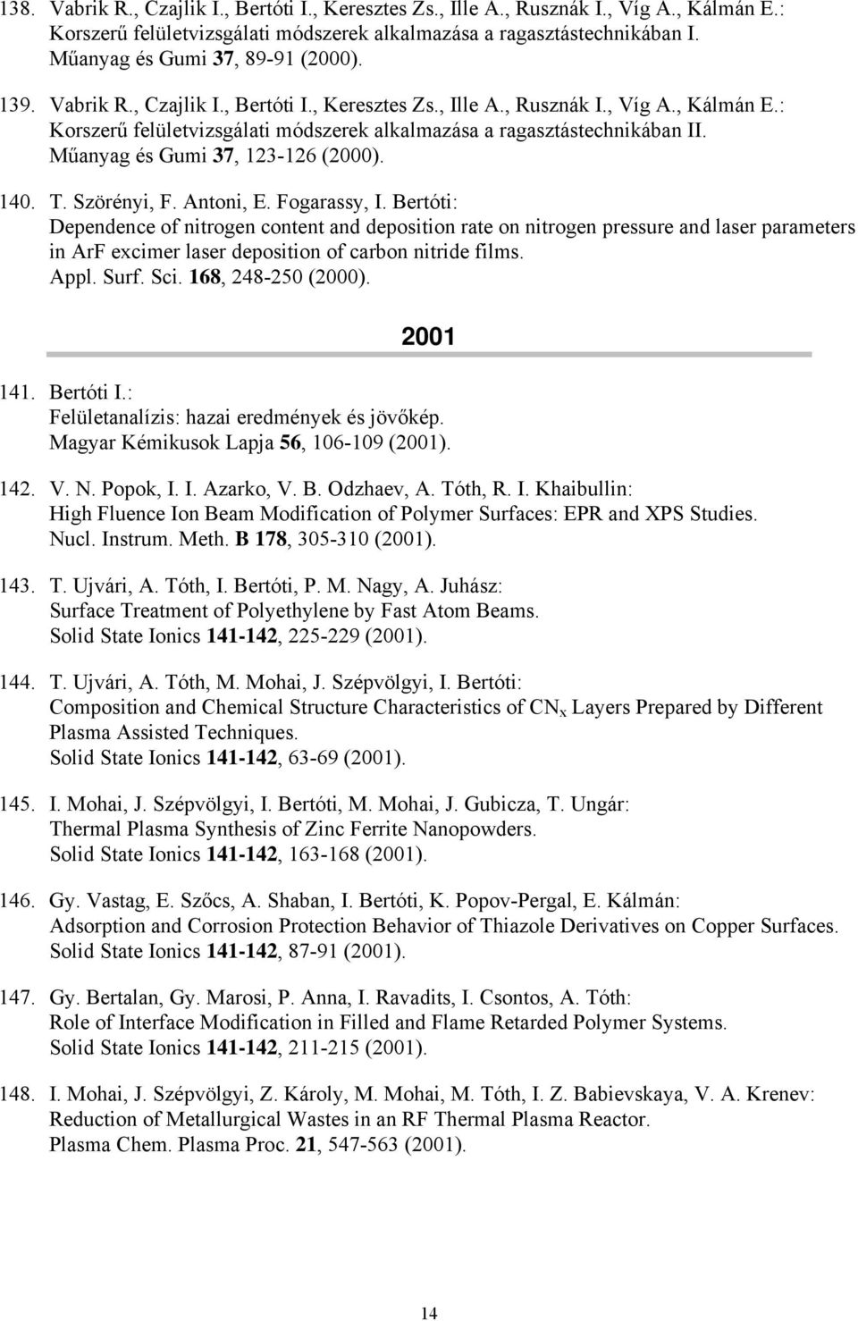 : Korszerű felületvizsgálati módszerek alkalmazása a ragasztástechnikában II. Műanyag és Gumi 37, 123-126 (2000). 140. T. Szörényi, F. Antoni, E. Fogarassy, I.