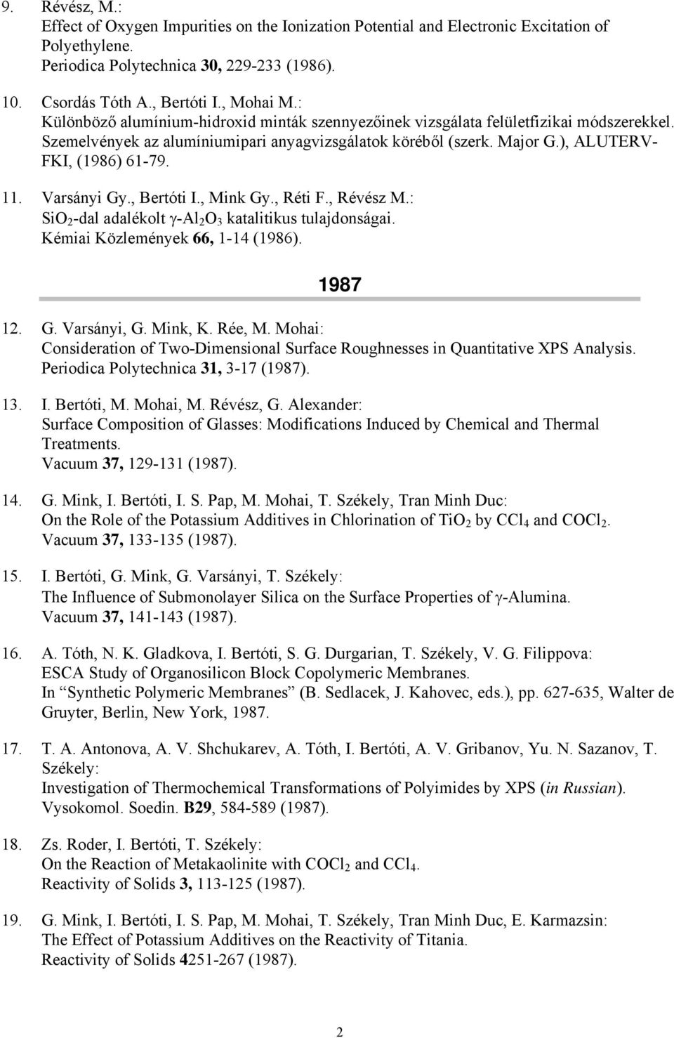 Varsányi Gy., Bertóti I., Mink Gy., Réti F., Révész M.: SiO 2 -dal adalékolt γ-al 2 O 3 katalitikus tulajdonságai. Kémiai Közlemények 66, 1-14 (1986). 1987 12. G. Varsányi, G. Mink, K. Rée, M.