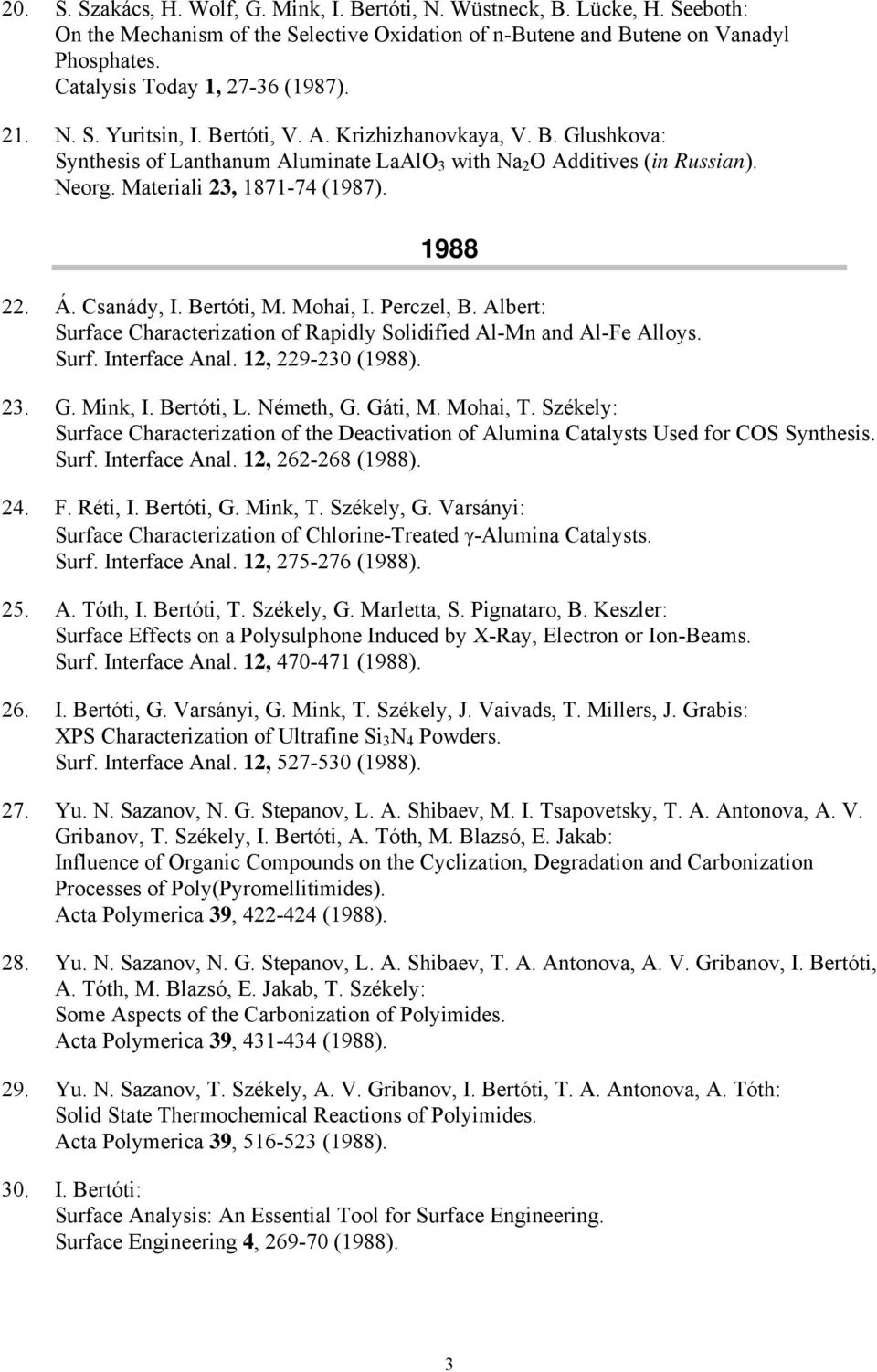 Materiali 23, 1871-74 (1987). 1988 22. Á. Csanády, I. Bertóti, M. Mohai, I. Perczel, B. Albert: Surface Characterization of Rapidly Solidified Al-Mn and Al-Fe Alloys. Surf. Interface Anal.