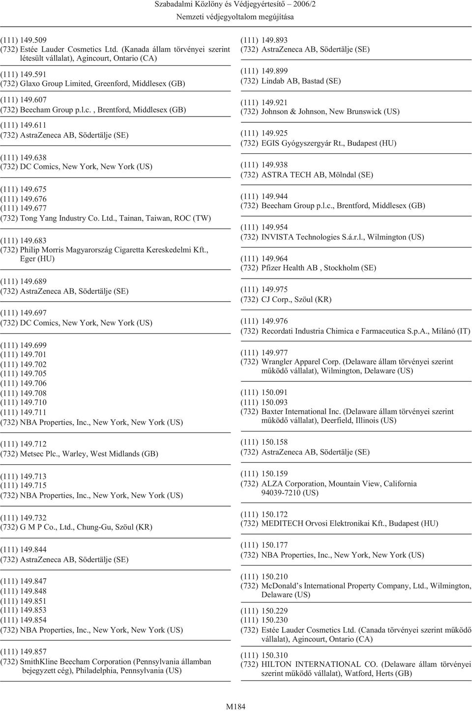 683 (732) Philip Morris Magyarország Cigaretta Kereskedelmi Kft., Eger (HU) (111) 149.689 (111) 149.697 (732) DC Comics, New York, New York (US) (111) 149.699 (111) 149.701 (111) 149.702 (111) 149.