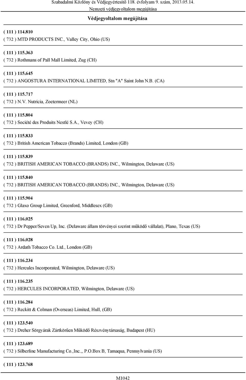 833 ( 732 ) British American Tobacco (Brands) Limited, London (GB) ( 111 ) 115.839 ( 732 ) BRITISH AMERICAN TOBACCO (BRANDS) INC., Wilmington, Delaware (US) ( 111 ) 115.