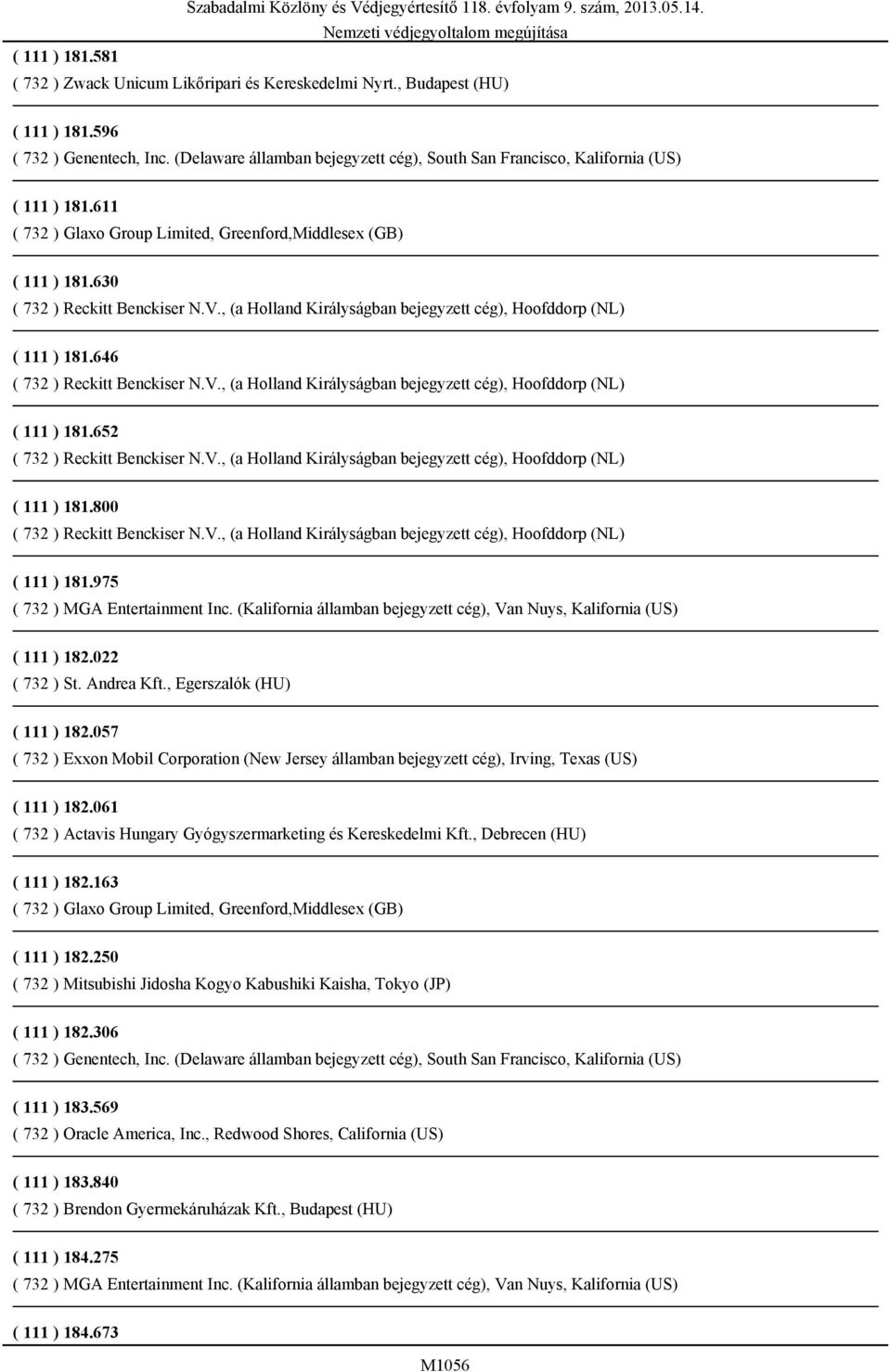 , (a Holland Királyságban bejegyzett cég), Hoofddorp (NL) ( 111 ) 181.646 ( 732 ) Reckitt Benckiser N.V., (a Holland Királyságban bejegyzett cég), Hoofddorp (NL) ( 111 ) 181.652 ( 732 ) Reckitt Benckiser N.