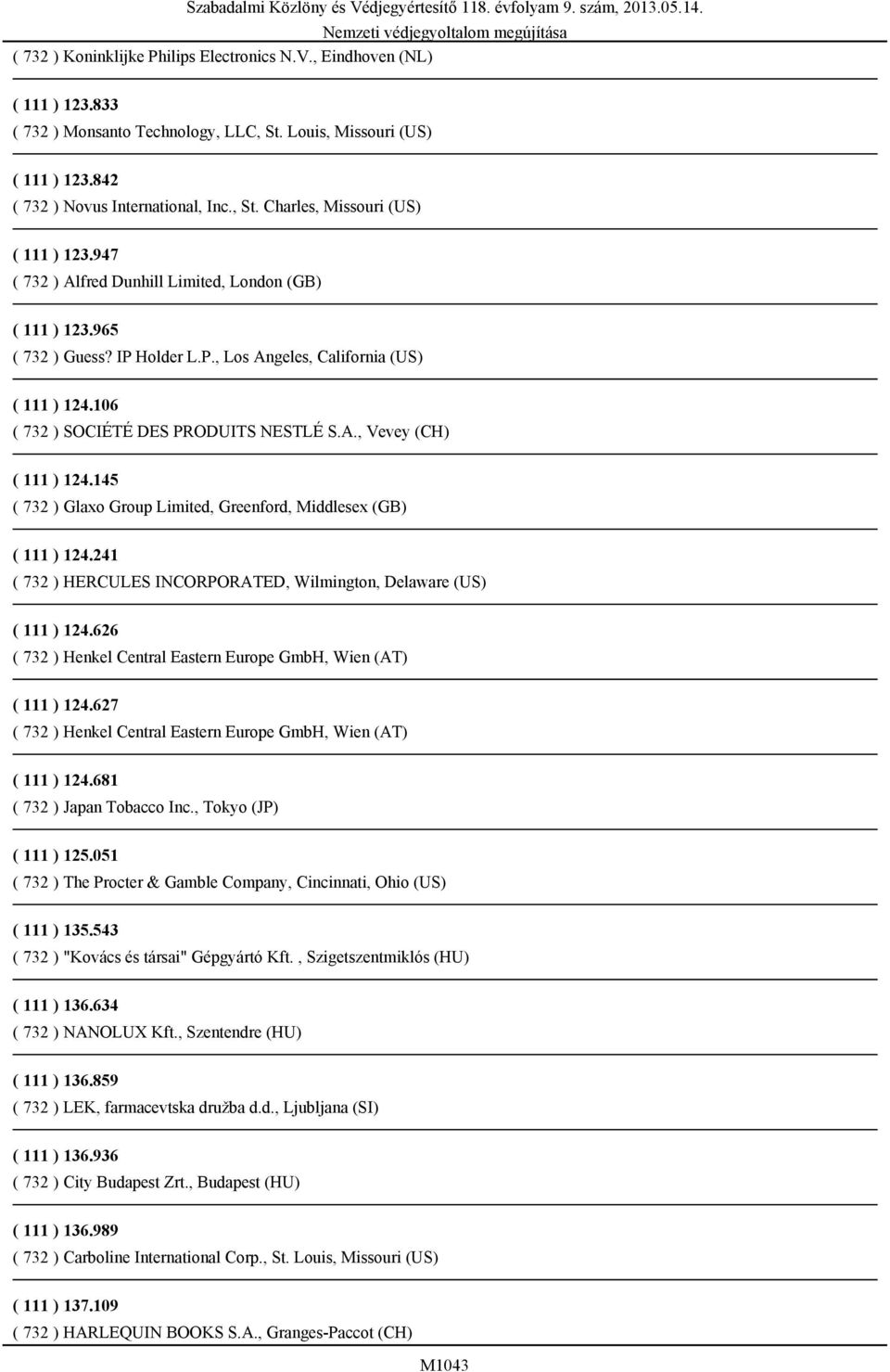 145 ( 732 ) Glaxo Group Limited, Greenford, Middlesex (GB) ( 111 ) 124.241 ( 732 ) HERCULES INCORPORATED, Wilmington, Delaware (US) ( 111 ) 124.