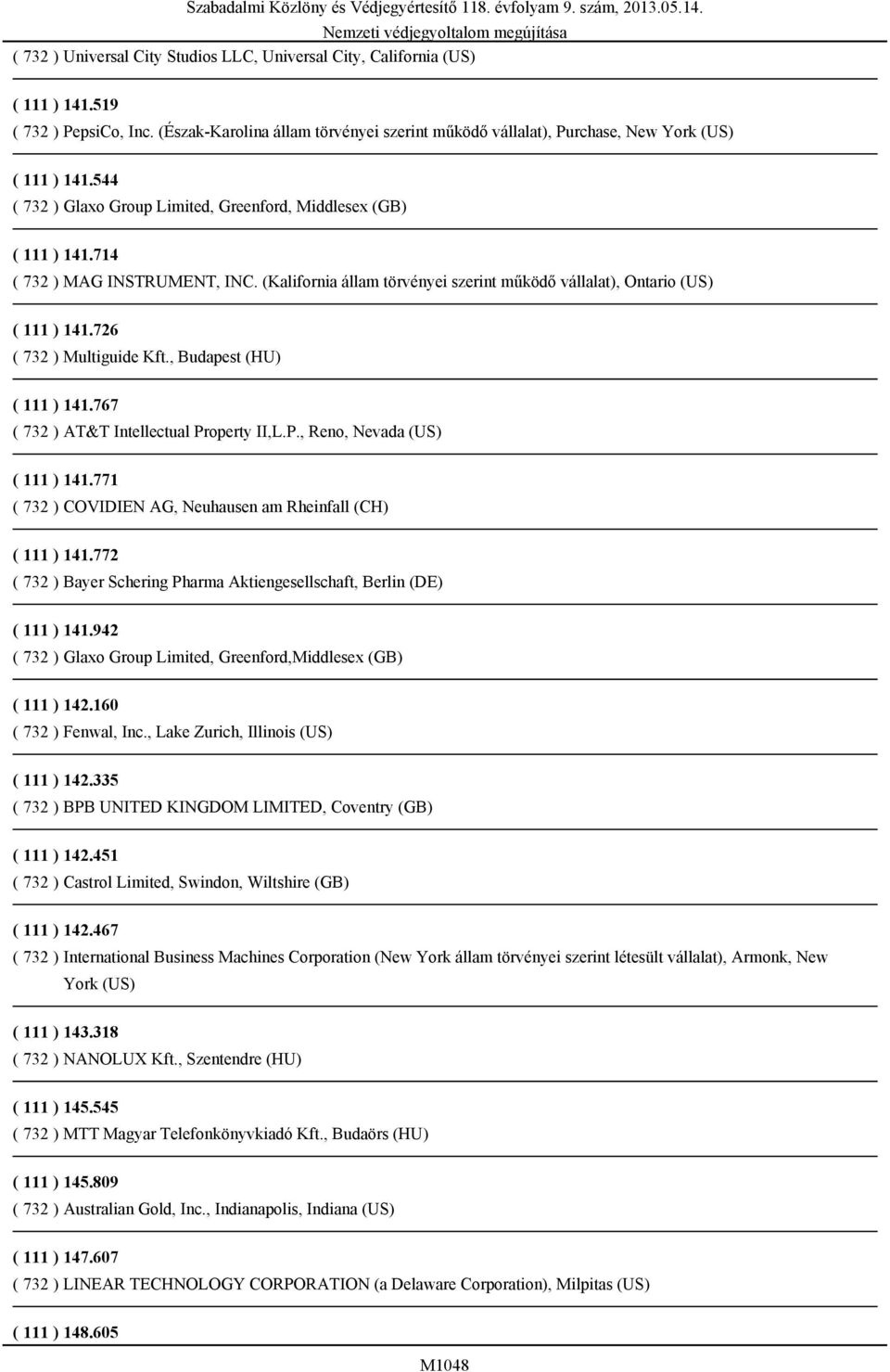 726 ( 732 ) Multiguide Kft., Budapest (HU) ( 111 ) 141.767 ( 732 ) AT&T Intellectual Property II,L.P., Reno, Nevada (US) ( 111 ) 141.771 ( 732 ) COVIDIEN AG, Neuhausen am Rheinfall (CH) ( 111 ) 141.