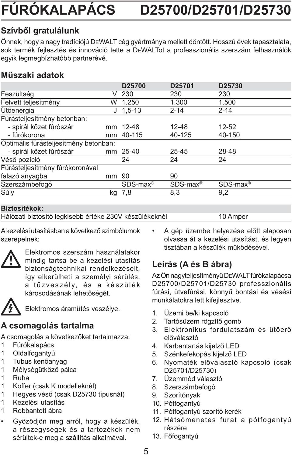 Műszaki adatok D25700 D25701 D25730 Feszültség V 230 230 230 Felvett teljesítmény W 1.250 1.300 1.