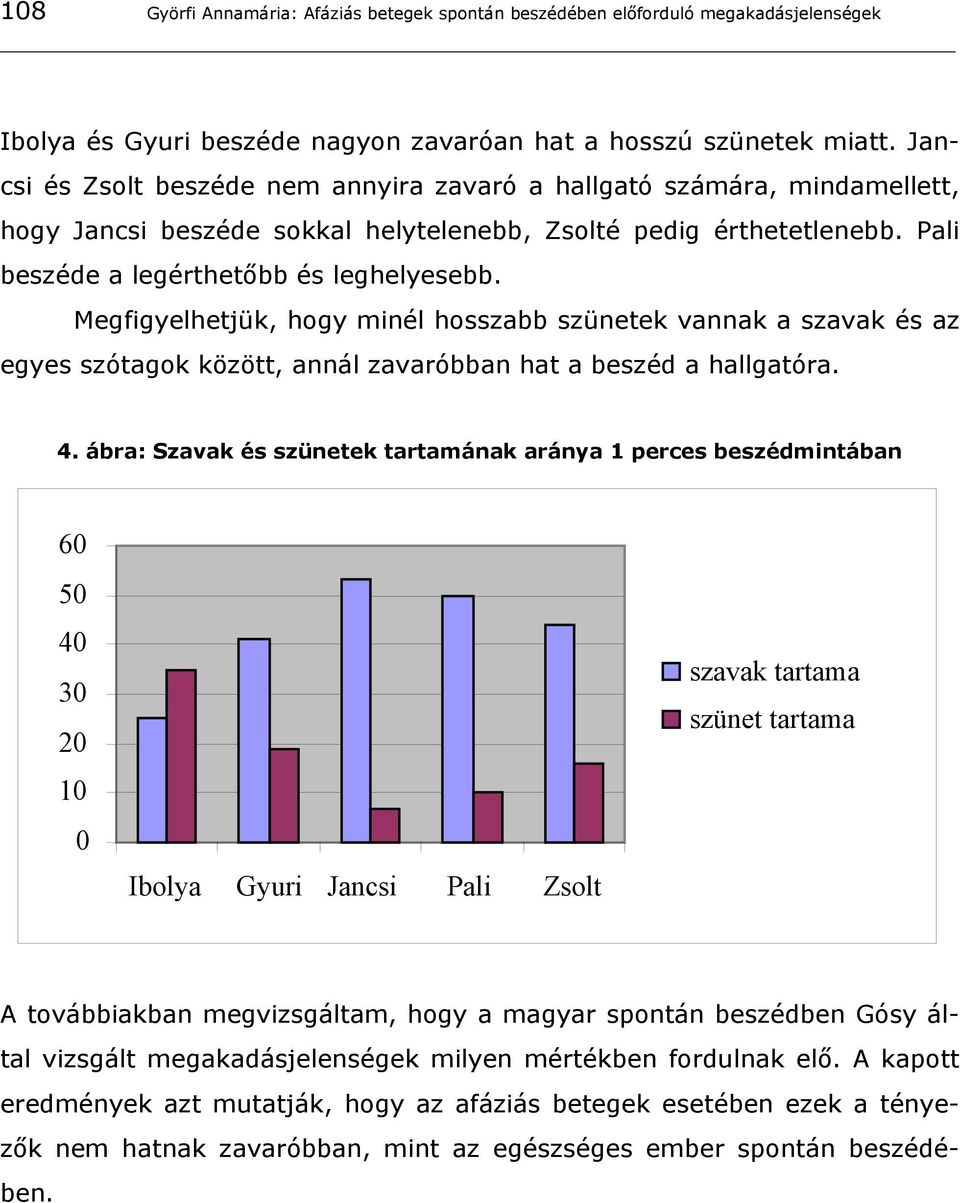 Megfigyelhetjük, hogy minél hosszabb szünetek vannak a szavak és az egyes szótagok között, annál zavaróbban hat a beszéd a hallgatóra. 4.