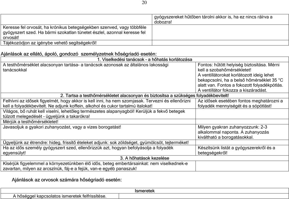 Viselkedési tanácsok a hőhatás korlátozása A testhőmérséklet alacsonyan tartása- a tanácsok azonosak az általános lakossági tanácsokkal Fontos: hűtött helyiség biztosítása.