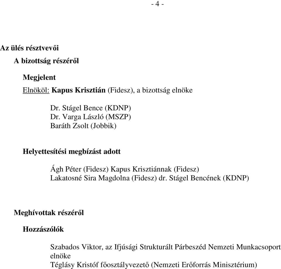 Varga László (MSZP) Baráth Zsolt (Jobbik) Helyettesítési megbízást adott Ágh Péter (Fidesz) Kapus Krisztiánnak (Fidesz)