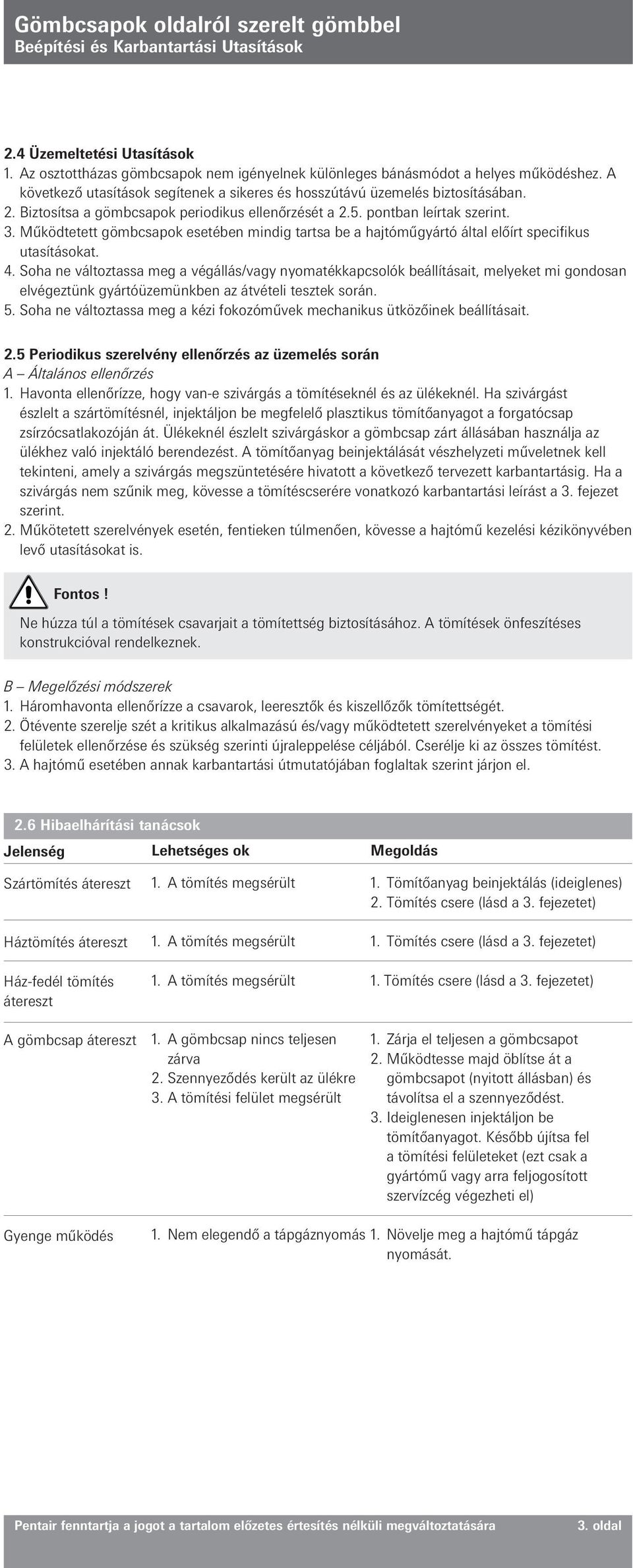 Soha ne változtassa meg a végállás/vagy nyomatékkapcsolók beállításait, melyeket mi gondosan elvégeztünk gyártóüzemünkben az átvételi tesztek során. 5.