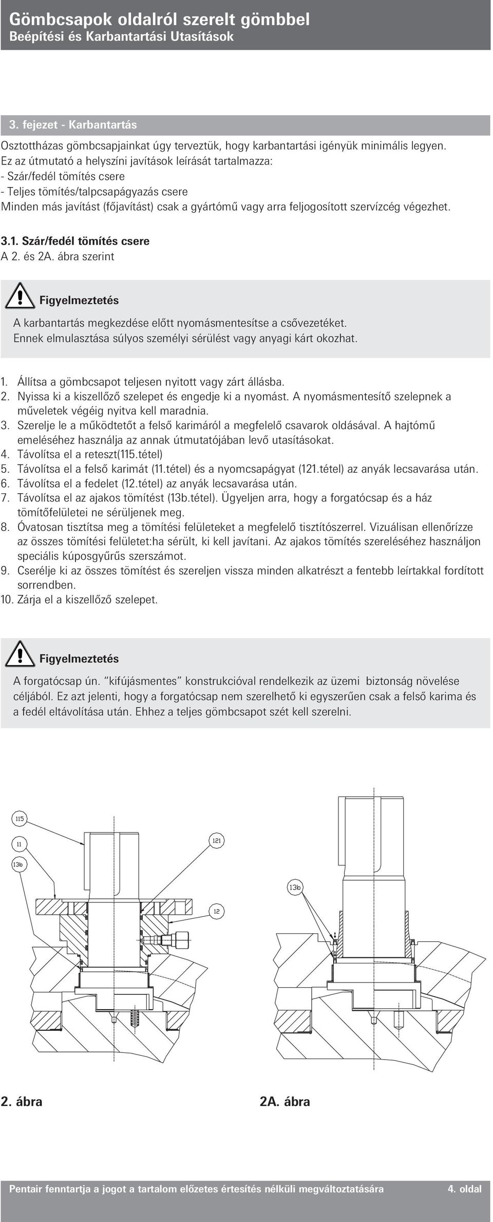 szervízcég végezhet. 3.1. Szár/fedél tömítés csere A 2. és 2A. ábra szerint A karbantartás megkezdése előtt nyomásmentesítse a csővezetéket.