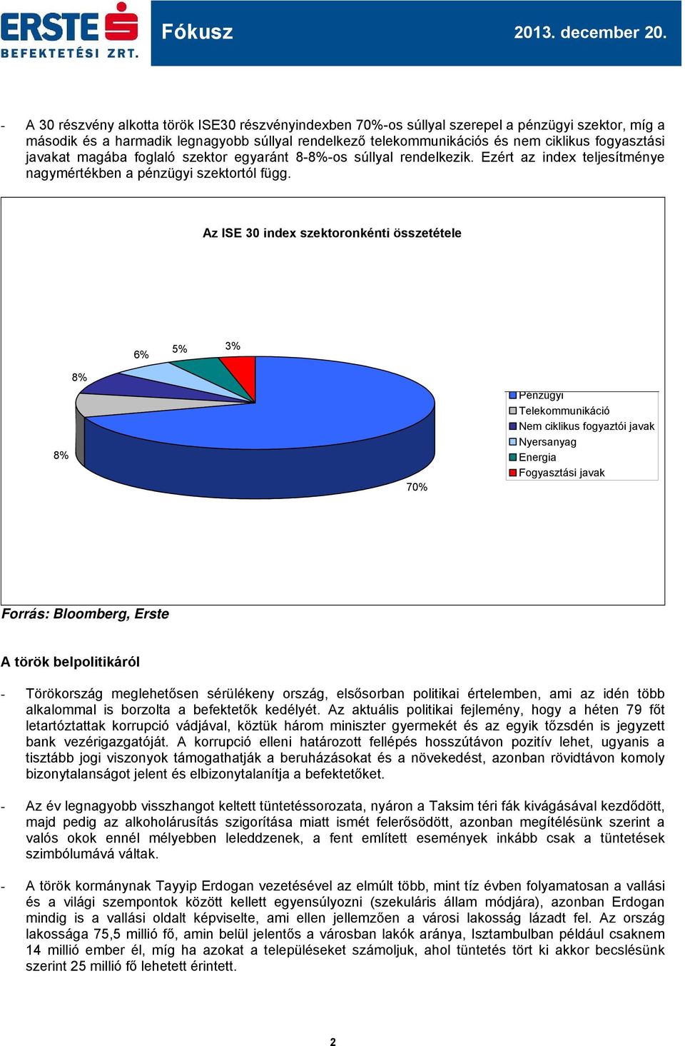 Az ISE 30 index szektoronkénti összetétele Sum of Súly 6% 5% 3% 8% 8% 70% Szektor Pénzügyi Telekommunikáció Nem ciklikus fogyaztói javak Nyersanyag Energia Fogyasztási javak Forrás: Bloomberg, Erste