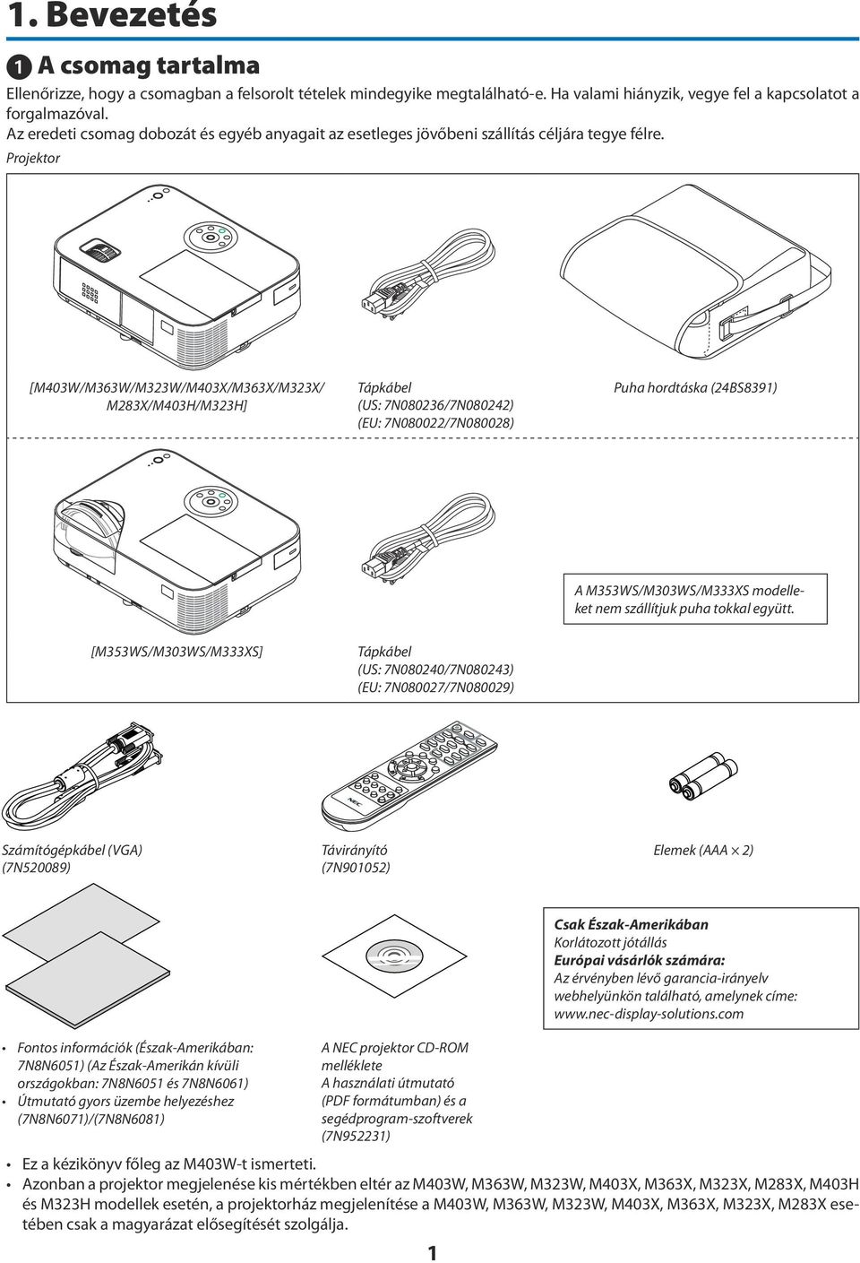 Projektor [M403W/M363W/M323W/M403X/M363X/M323X/ M283X/M403H/M323H] Tápkábel (US: 7N080236/7N080242) (EU: 7N080022/7N080028) Puha hordtáska (24BS8391) A M353WS/M303WS/M333XS modelleket nem szállítjuk