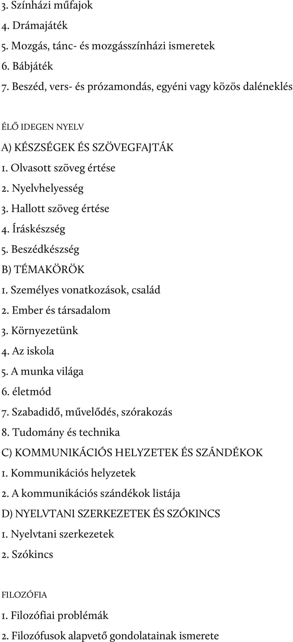 Íráskészség 5. Beszédkészség B) TÉMAKÖRÖK. Személyes vonatkozások, család. Ember és társadalom. Környezetünk 4. Az iskola 5. A munka világa 6. életmód 7.