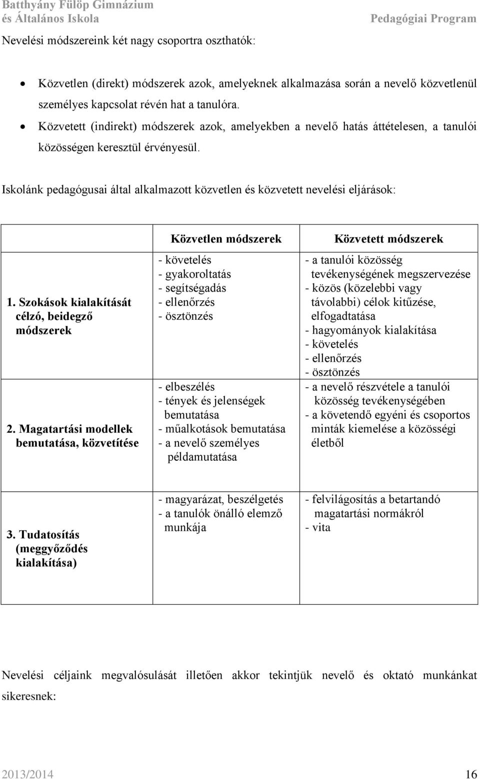 Iskolánk pedagógusai által alkalmazott közvetlen és közvetett nevelési eljárások: 1. Szokások kialakítását célzó, beidegző módszerek 2.